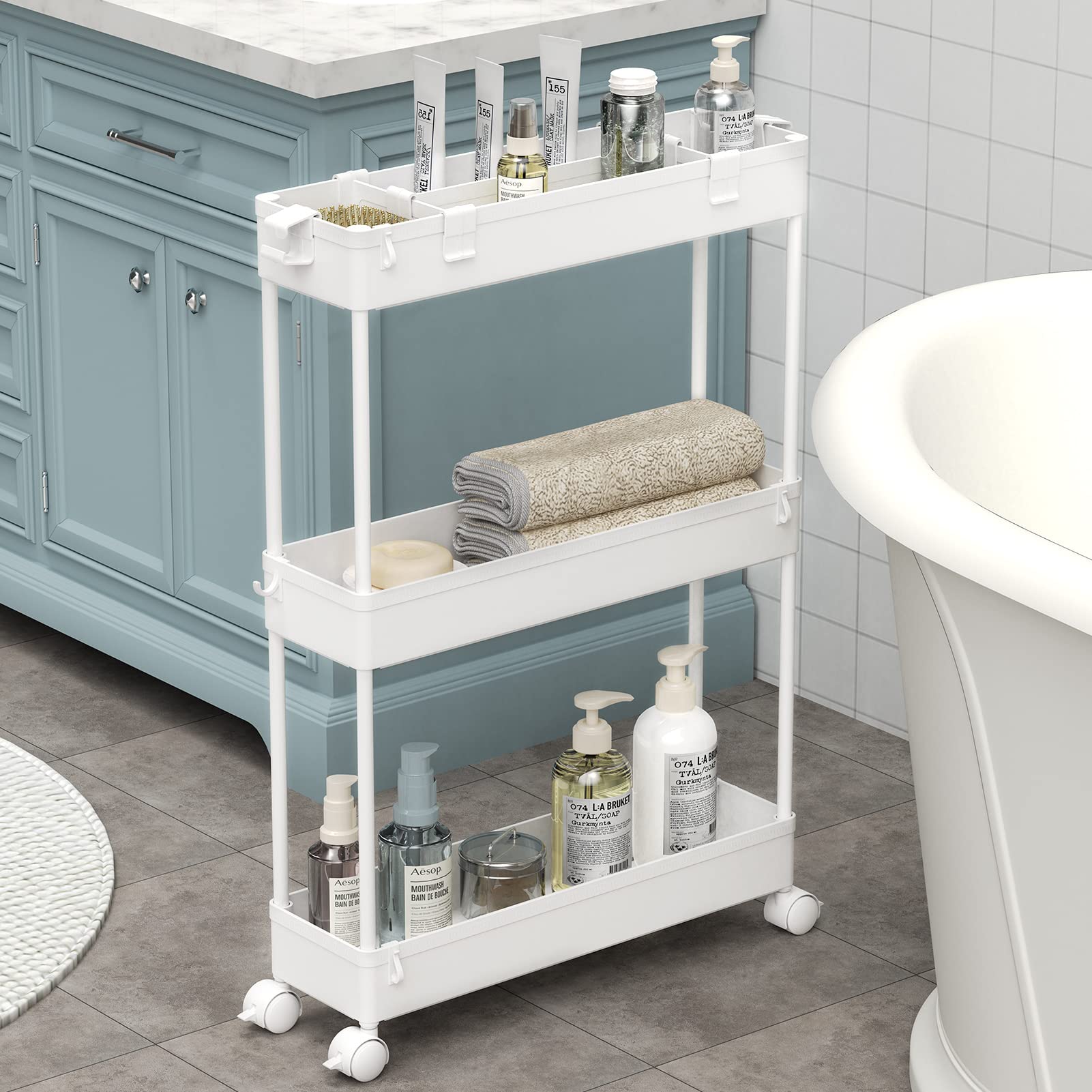 SPACELEAD Slim Storage Cart,3 Tier Bathroom Rolling Utility Cart Storage Organizer Slide Out Cart, Mobile Shelving Unit Organizer Trolley for Office Bathroom Kitchen Laundry Room Narrow Places, White - Available at All In One Marketplace Canada