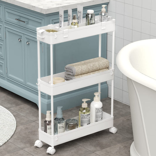SPACELEAD Slim Storage Cart,3 Tier Bathroom Rolling Utility Cart Storage Organizer Slide Out Cart, Mobile Shelving Unit Organizer Trolley for Office Bathroom Kitchen Laundry Room Narrow Places, White - Available at All In One Marketplace Canada