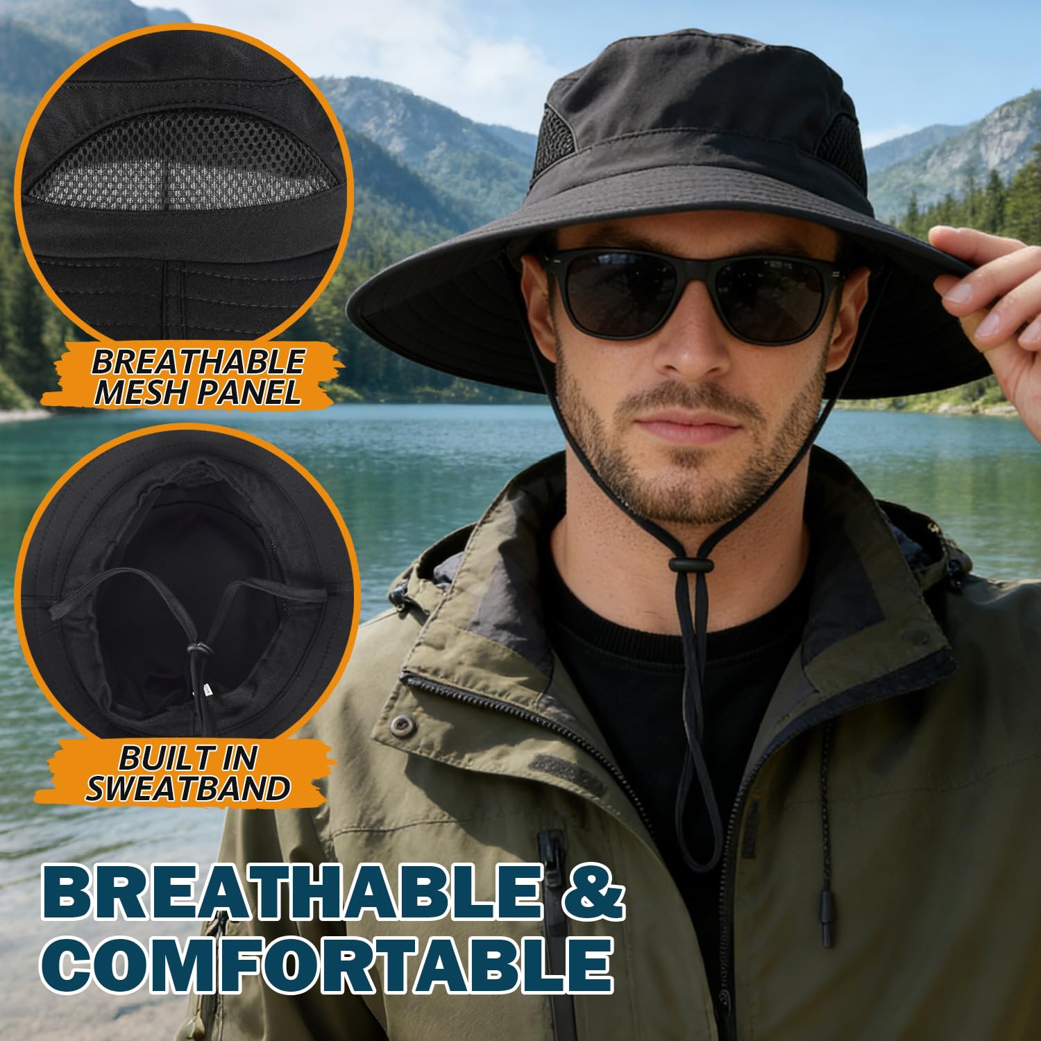 EINSKEY Sun Hat for Men/Women, Waterproof Wide Brim Bucket Hat UV Protection Boonie Hat for Fishing Hiking Garden Beach Black