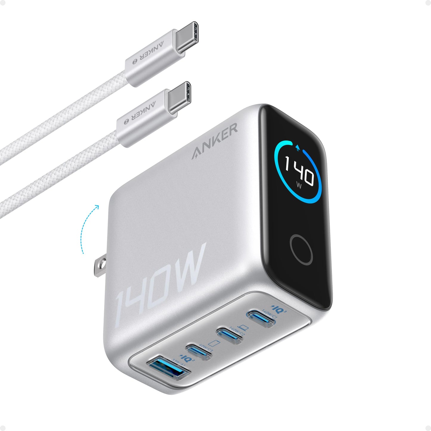 Anker Laptop Charger, 140W MAX USB C Charger, 4-Port Multi-Device Fast Charging, Advanced GaN Power Adapter, Intuitive Touch Controls, for MacBook, iPhone 17/16 Series, Samsung Galaxy, Pixel, and More