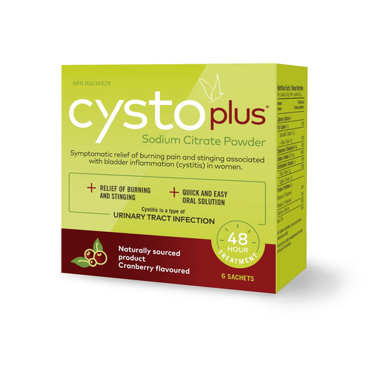 Cystoplus Symptom relief for cystitis, a type of urinary tract infection. Sodium Citrate Powder - Symptom Relief Oral Solution for Pain, Stinging & Burning Sensation - 6 Sachets - Available at All In One Marketplace Canada