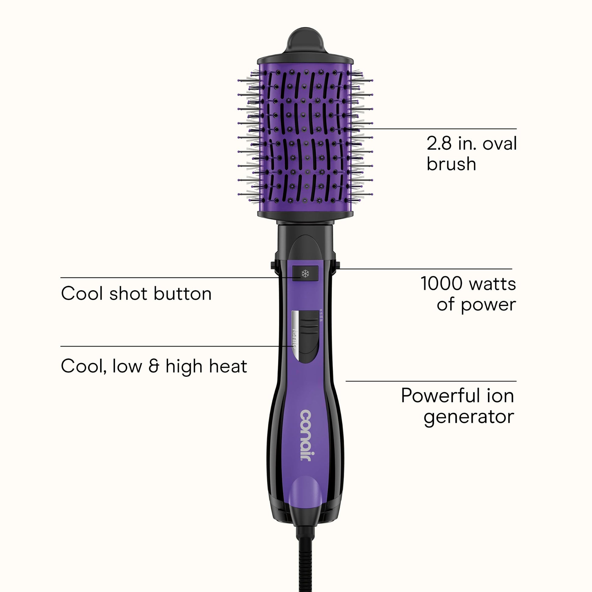 The Knot Dr. for Conair BC116C Detangling Hot Air Brush, Wet/ Dry Styler, Blow Dryer Brush in Pink, Blowout Brush 3 Heat Settings, 1000 Watts, Dry, Style and Volumize Conair