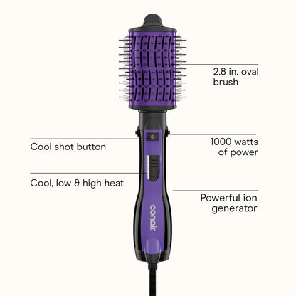 The Knot Dr. for Conair BC116C Detangling Hot Air Brush, Wet/ Dry Styler, Blow Dryer Brush in Pink, Blowout Brush 3 Heat Settings, 1000 Watts, Dry, Style and Volumize Conair