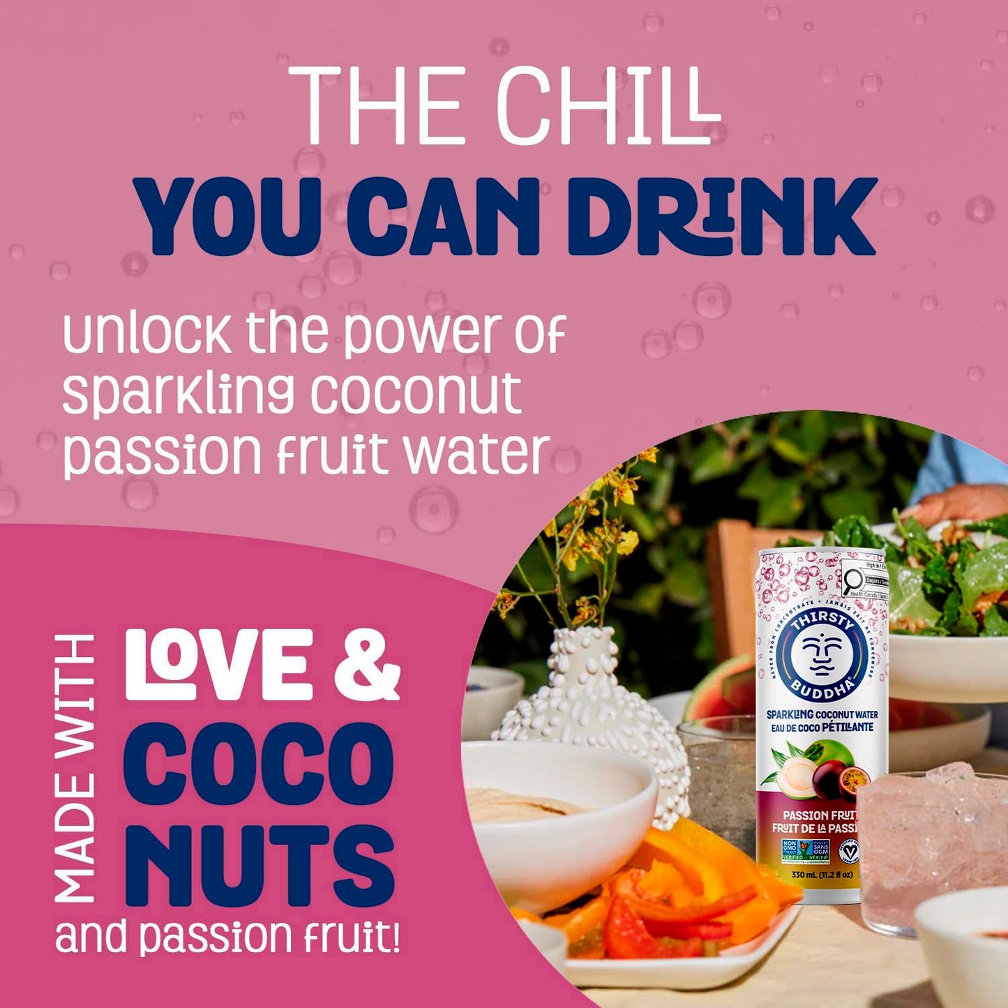 THIRSTY BUDDHA Sparkling Coconut Water with Passion Fruit, No Added Sugar, Pure Coco Drink, Natural Fruit Flavour, Electrolyte & Nutrient-Rich, 12 Pack, (12/330ml)
