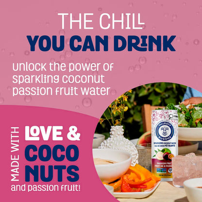 THIRSTY BUDDHA Sparkling Coconut Water with Passion Fruit, No Added Sugar, Pure Coco Drink, Natural Fruit Flavour, Electrolyte & Nutrient-Rich, 12 Pack, (12/330ml)