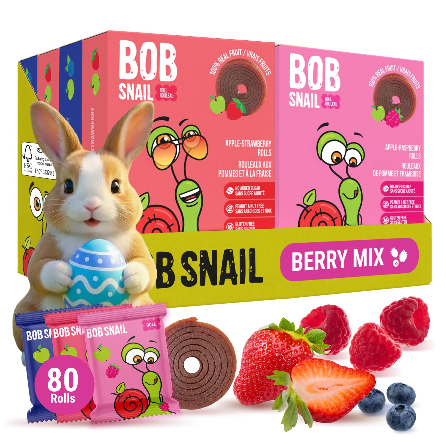 Bob Snail Fruit Roll Ups – Real Fruit Snacks, No Added Sugar, Vegan & Nut Free, 80 Pack Bulk Box (800g)