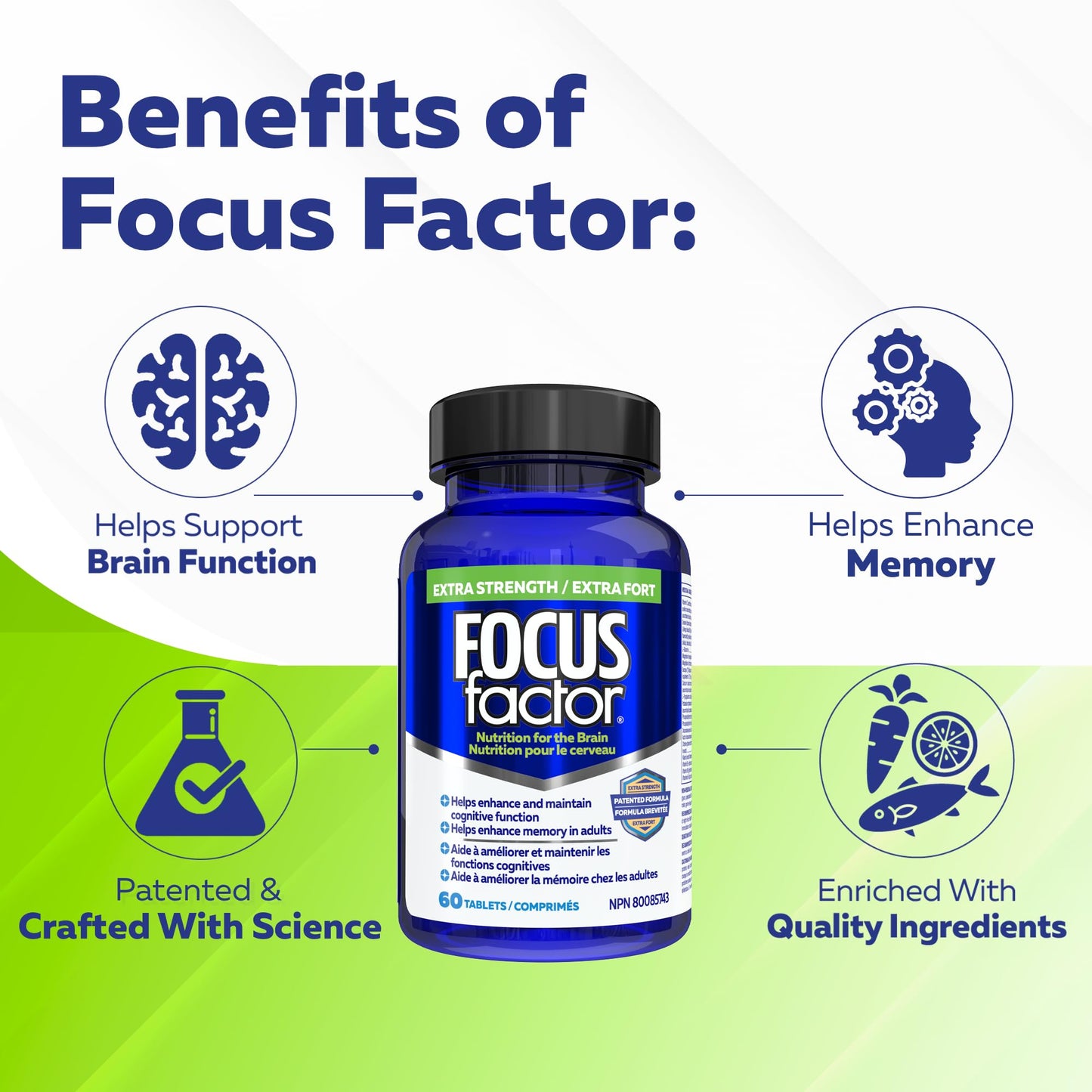 Focus Factor Extra Strength, 60ct - Multivitamin Supplement with Vitamin B6, B12, D3, Zinc, Phosphatidylserine, Bacopa Monnieri, Ginkgo Biloba & DMAE to enhance memory & cognitive function in adults Focus Factor