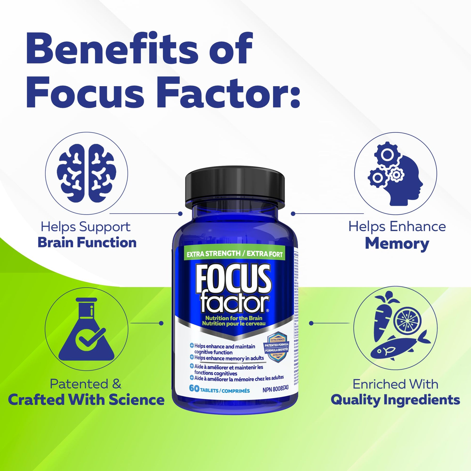 Focus Factor Extra Strength, 60ct - Multivitamin Supplement with Vitamin B6, B12, D3, Zinc, Phosphatidylserine, Bacopa Monnieri, Ginkgo Biloba & DMAE to enhance memory & cognitive function in adults Focus Factor