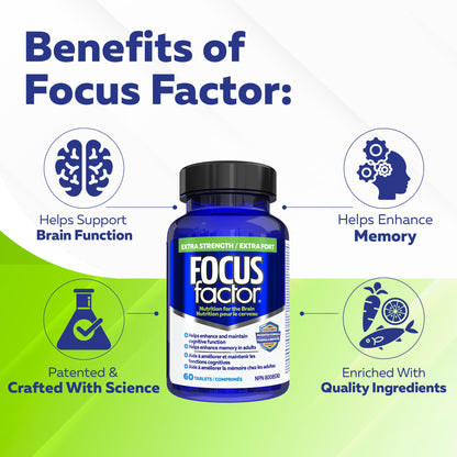 Focus Factor Extra Strength, 60ct - Multivitamin Supplement with Vitamin B6, B12, D3, Zinc, Phosphatidylserine, Bacopa Monnieri, Ginkgo Biloba & DMAE to enhance memory & cognitive function in adults Focus Factor
