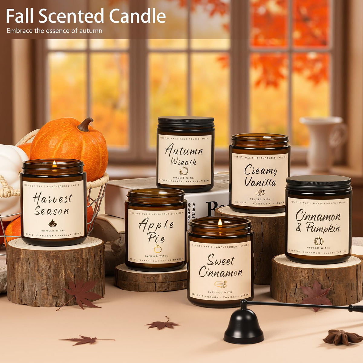 Fall Candle Set, 6 Pack Candles for Home Scented, Autumn Soy Wax Candle Holiday Gifts Set for Men and Women, Home Fall Decor, Fragrance of Wreath/Apple/Latte/Harvest/Vanilla/Cinnamon 🍁 All In One Marketplace Canada