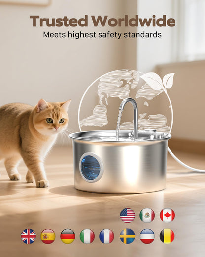 Cat Water Fountain Stainless Steel: Cat Fountain for Drinking - 2.6L Pet Water Fountain Indoor Cats - Quiet Pets Waterer - Cats Water Dispenser - for Small Animals