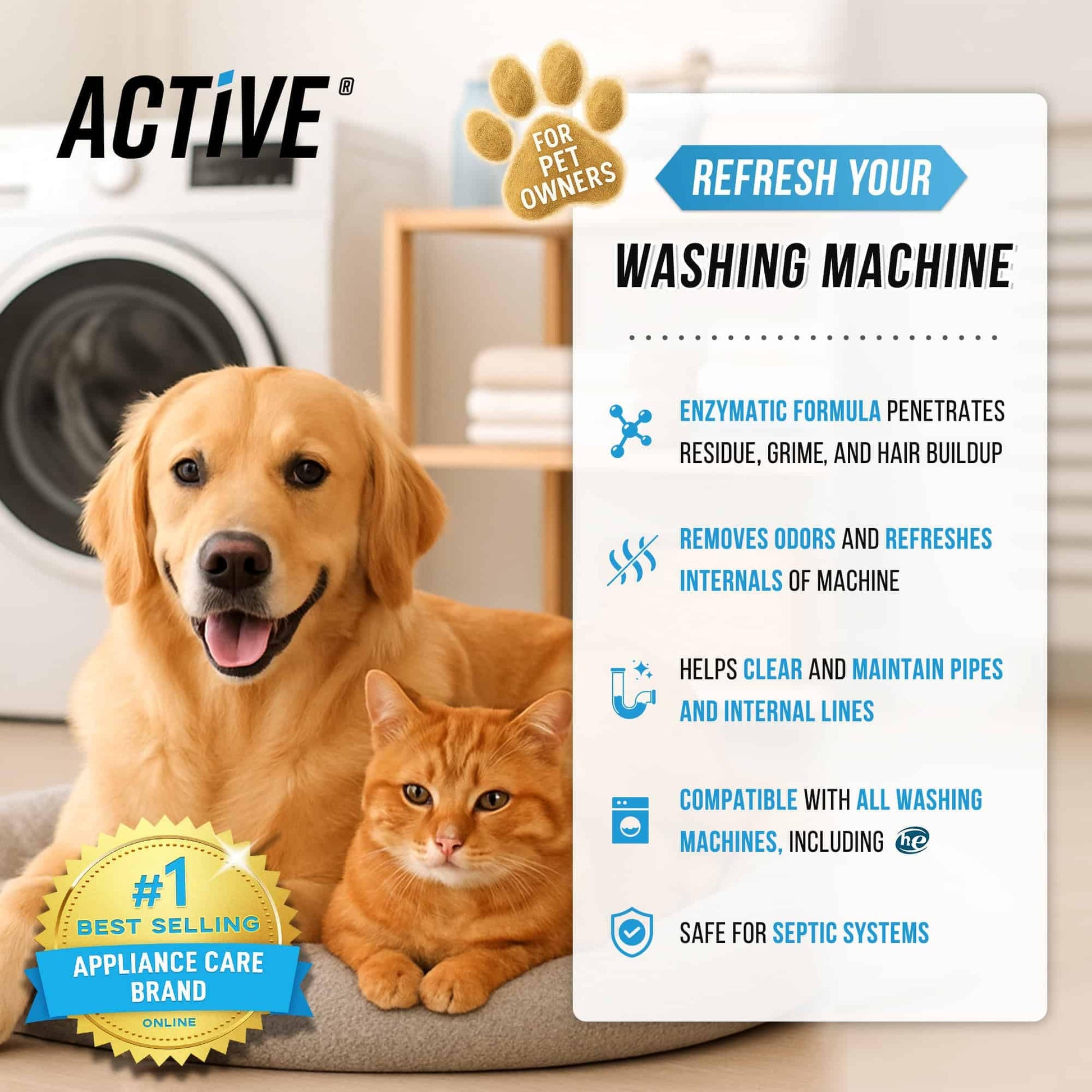 Washing Machine Cleaner for Pet Owners - ACTIVE Enzymatic Deep Clean Descaler for Cat & Dog Hair, Urine, Odor, Residue, 24 Septic-Safe Tablets for Top Load, Front Loader, HE Washer Tub - 1 Year Supply - Available at All In One Marketplace Canada