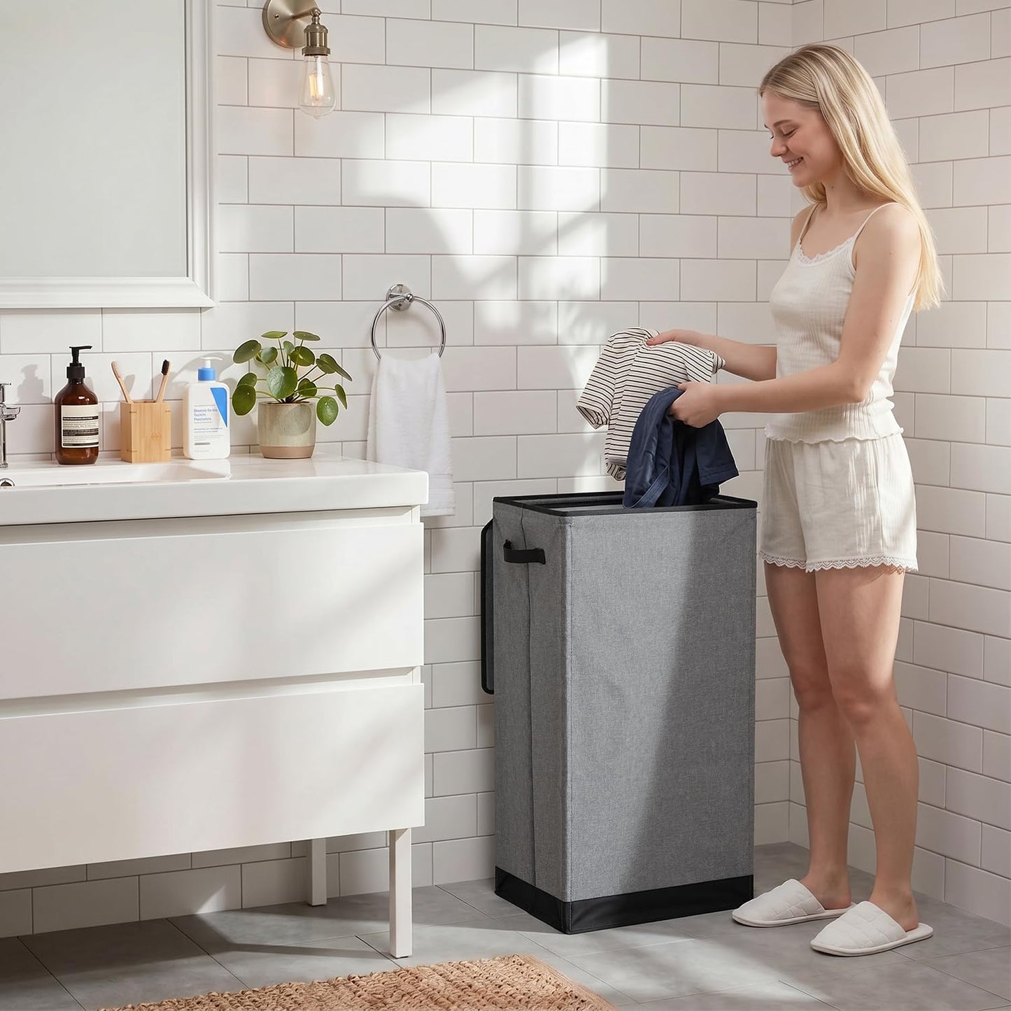 SOLEDI 100L Laundry Basket with Lid Large Laundry Hamper, Clothes Hamper with Laundry Bag Easy to Carry, Collapsible Storage Bins for Bedroom, Bathroom, Dorm, Apartment, College, Wardrobe, Grey