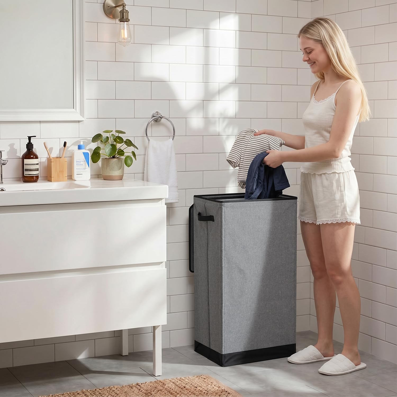 SOLEDI 100L Laundry Basket with Lid Large Laundry Hamper, Clothes Hamper with Laundry Bag Easy to Carry, Collapsible Storage Bins for Bedroom, Bathroom, Dorm, Apartment, College, Wardrobe, Grey