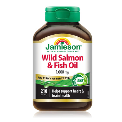 Jamieson Wild Salmon & Fish Oil 1,000 mg, No Fishy Aftertaste, Supports Heart Health and Brain Health. With Wild Alaskan Salmon, EPA, and DHA, Non-GMO, Gluten-Free, Proudly Canadian, 210 Softgels Jamieson
