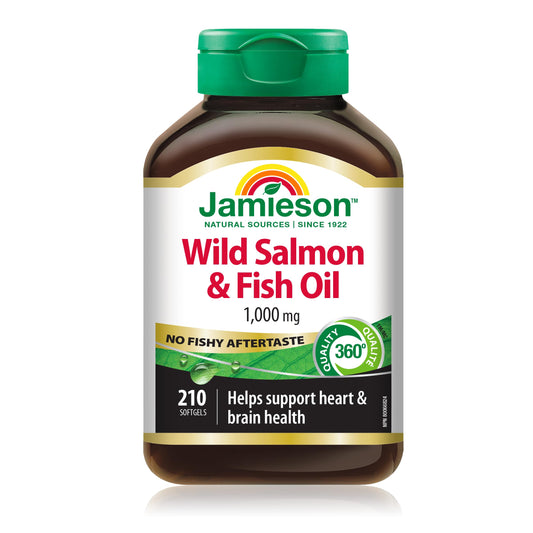 Jamieson Wild Salmon & Fish Oil 1,000 mg, No Fishy Aftertaste, Supports Heart Health and Brain Health. With Wild Alaskan Salmon, EPA, and DHA, Non-GMO, Gluten-Free, Proudly Canadian, 210 Softgels Jamieson