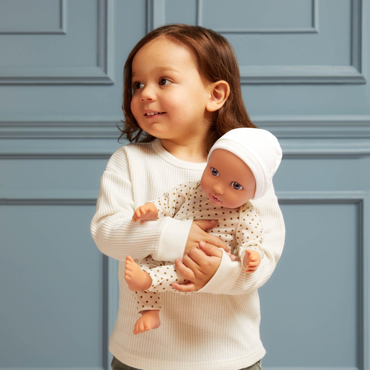 LullaBaby – 14-Inch Realistic Baby Doll – Olive Skin Tone & Brown Eyes – Soft Body & Removable Outfit – Ivory Hat & Pacifier Accessories 2+ Years– Baby Doll – Ivory Polka Dot Pajama