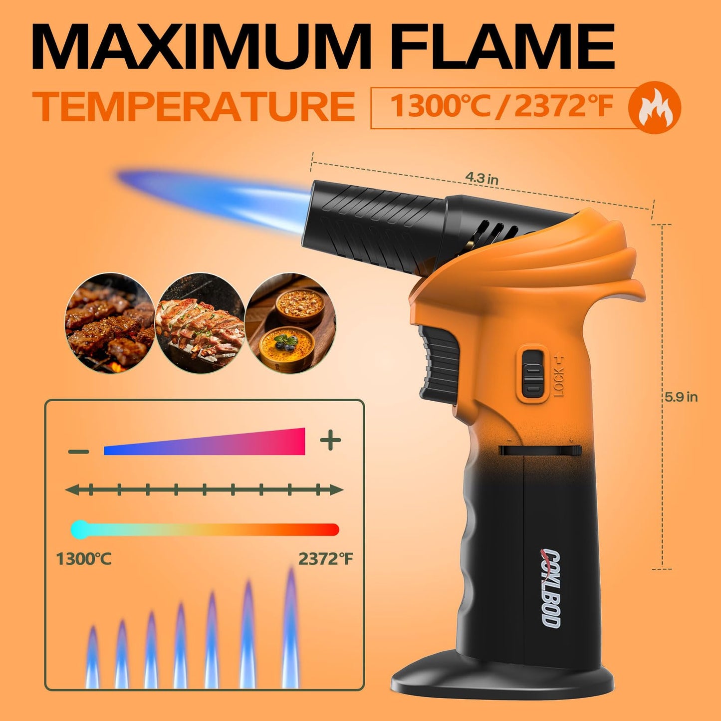Butane Torch Lighter – Refillable Adjustable Flame Torch with 0‑90° Rotating Head, Safety Lock & Continuous Flame – Kitchen Torch for Creme Brulee, Soldering, BBQ & DIY Crafts (Orange and Black) - Available at All In One Marketplace Canada