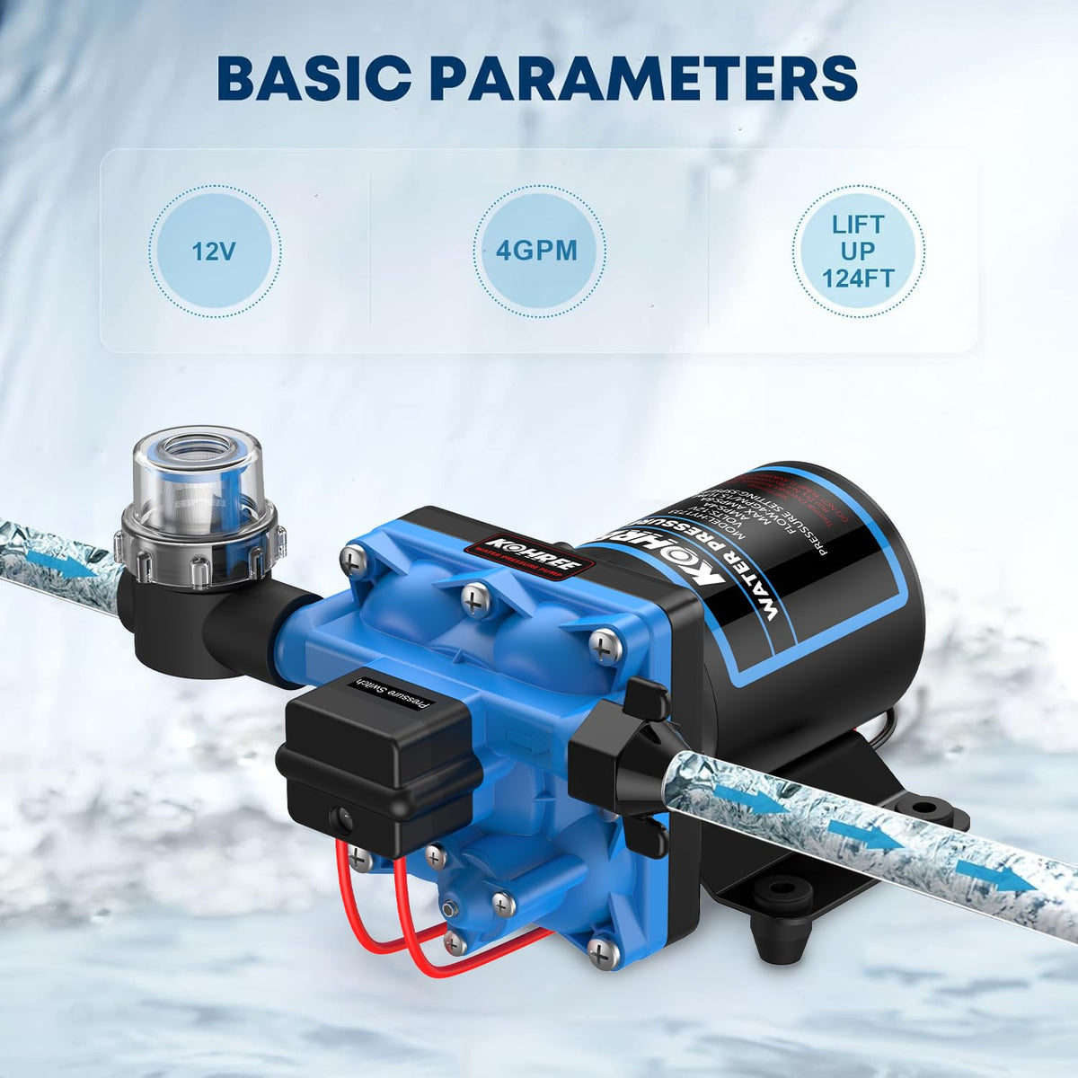 Kohree 12V RV Water Pump 4GPM 55 PSI, Self-Priming 4-Chamber Diaphragm Pump