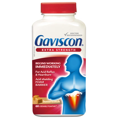Gaviscon Extra Strength Tablets - 60 Count - Chewable Foaming Antacid Tablets for Day and Night Heartburn Relief, Acid Reflux and GERD relief, Butterscotch - Free of Aluminum, Lactose and Gluten 🍁 All In One Marketplace Canada