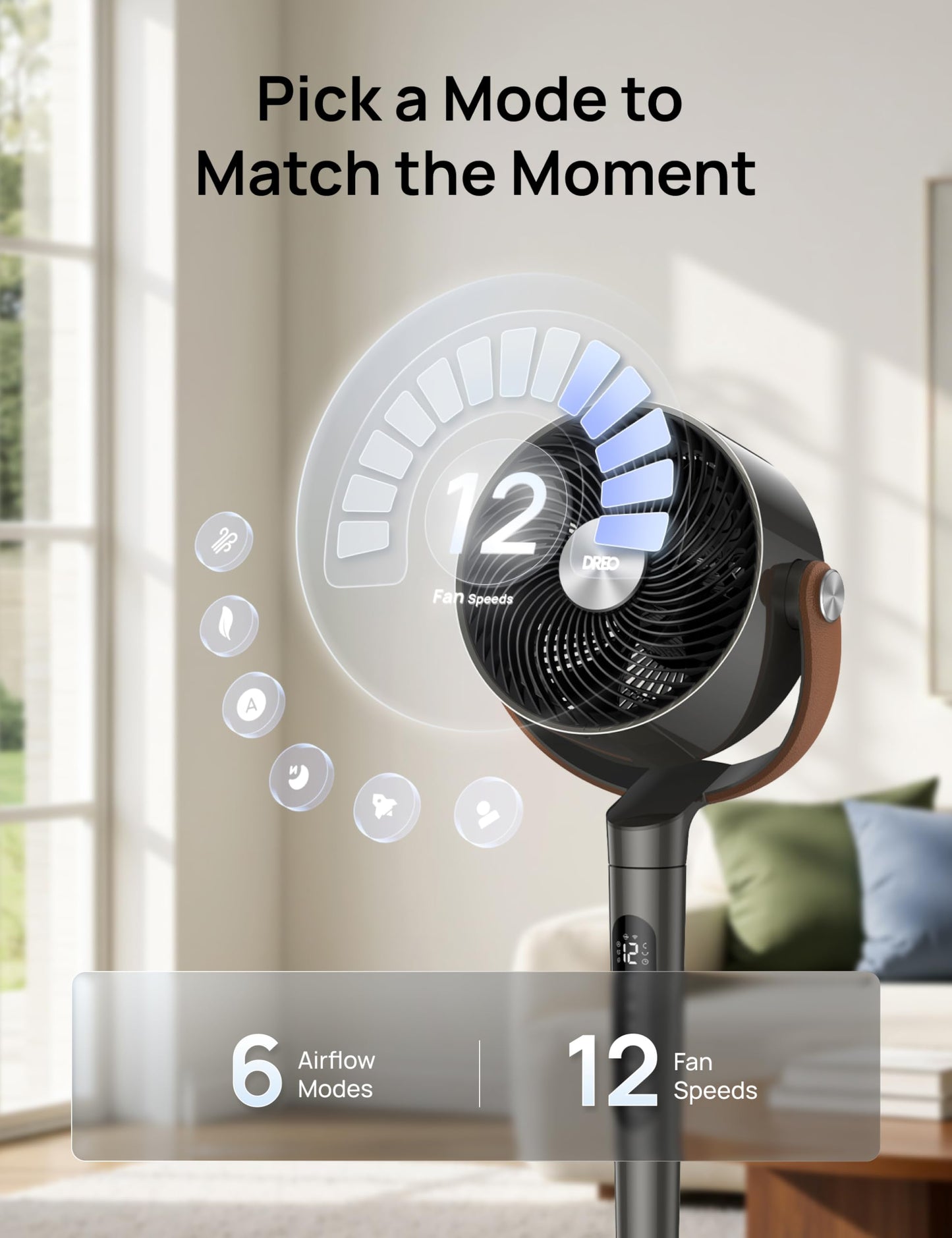 DREO Smart Fan For Bedroom, Standing Fans for Home, 120°+150° Oscillating Pedestal Fan Wi-Fi/Voice Control, 100ft 20db Quiet Circulator RGB Fan, DC Motor, 6 Modes, 12 Speeds, 37-42'' Adjustable Height - Available at All In One Marketplace Canada