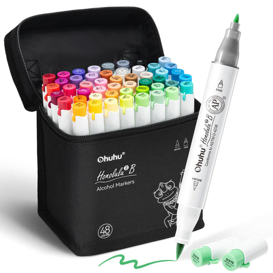 Ohuhu Alcohol Markers 48 Colors: Brush & Fine Dual Tips Alcohol-based Art Markers for Adults Artists Cozy Coloring Illustration Drawing Sketching- Honolulu 2B- AP Certified Refillable Ink - Available at All In One Marketplace Canada