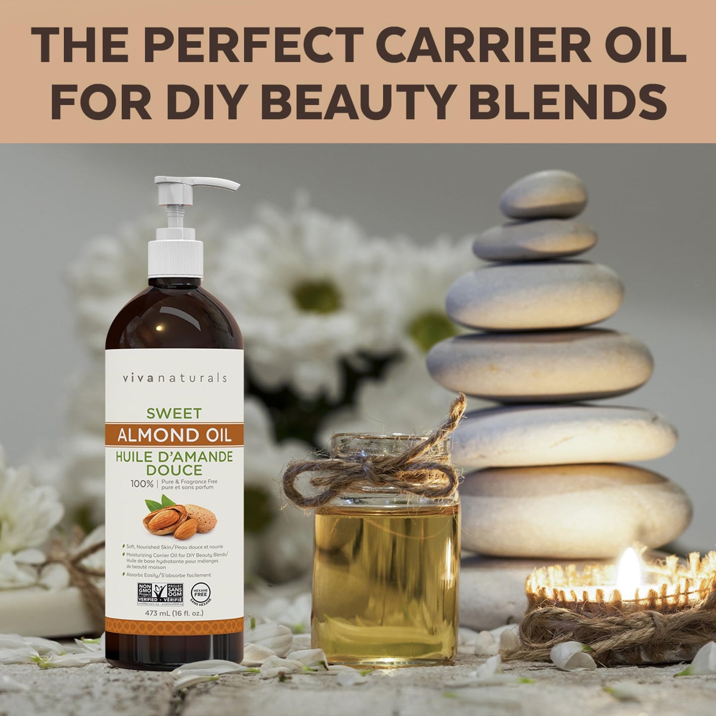 Viva Naturals Sweet Almond Oil – Almond Oil for Skin, Hair & Face, Body Oil After Shower, Body Oil for Dry Skin, Carrier Oil for Essential Oils & Almond Hair Oil, 16 fl oz - Available at All In One Marketplace Canada