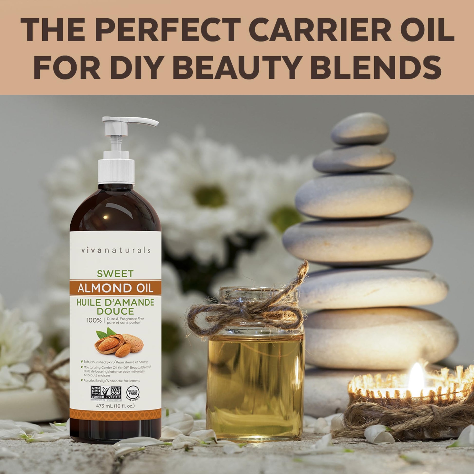 Viva Naturals Sweet Almond Oil – Almond Oil for Skin, Hair & Face, Body Oil After Shower, Body Oil for Dry Skin, Carrier Oil for Essential Oils & Almond Hair Oil, 16 fl oz - Available at All In One Marketplace Canada