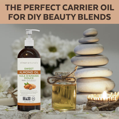 Viva Naturals Sweet Almond Oil – Almond Oil for Skin, Hair & Face, Body Oil After Shower, Body Oil for Dry Skin, Carrier Oil for Essential Oils & Almond Hair Oil, 16 fl oz - Available at All In One Marketplace Canada
