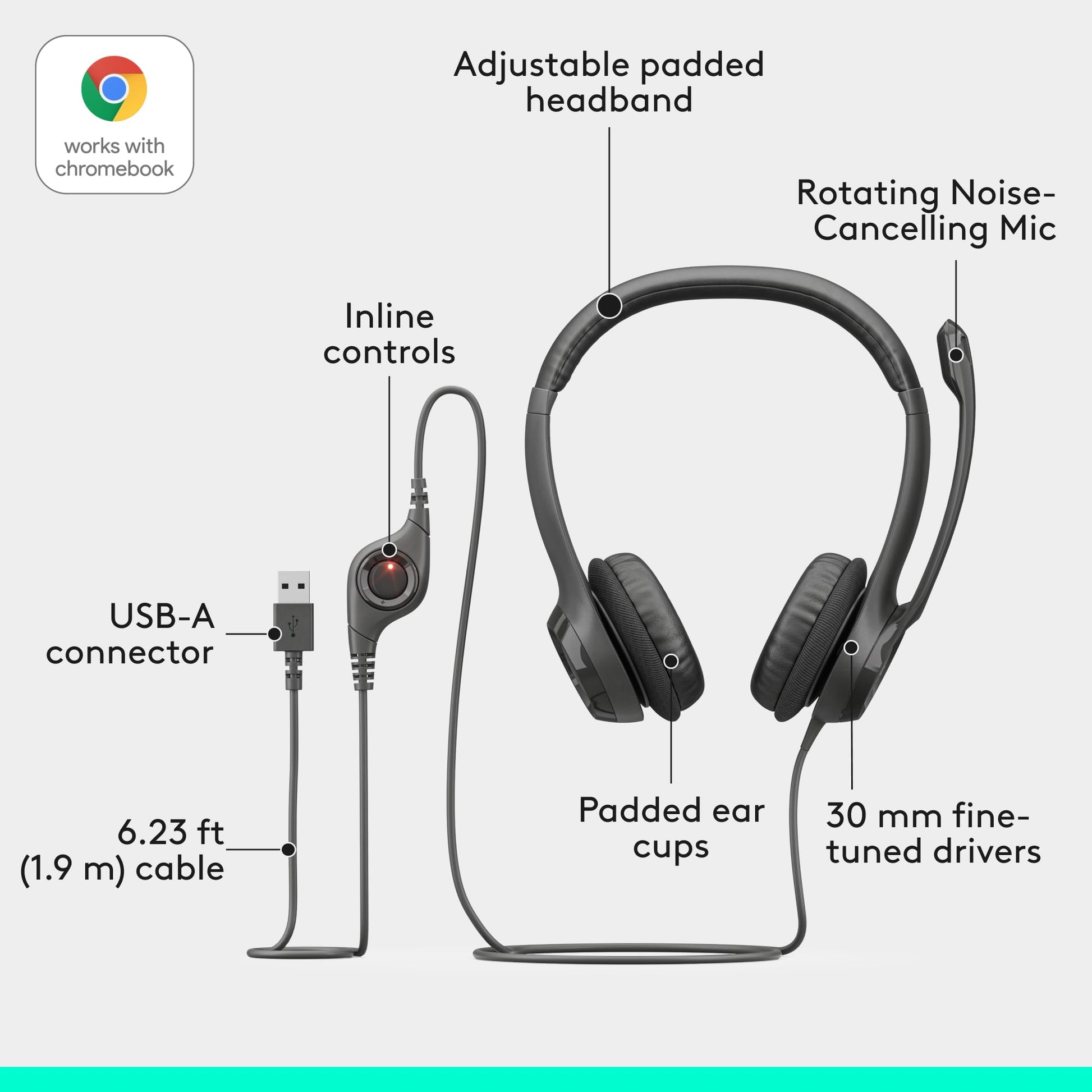 Logitech H390 Wired Headset for PC/Laptop, Stereo Headphones with Noise Cancelling Microphone, USB-A, in-Line Controls, Works with Chromebook - Black, 1 Pack - Available at All In One Marketplace Canada