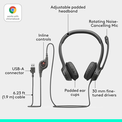 Logitech H390 Wired Headset for PC/Laptop, Stereo Headphones with Noise Cancelling Microphone, USB-A, in-Line Controls, Works with Chromebook - Black, 1 Pack - Available at All In One Marketplace Canada