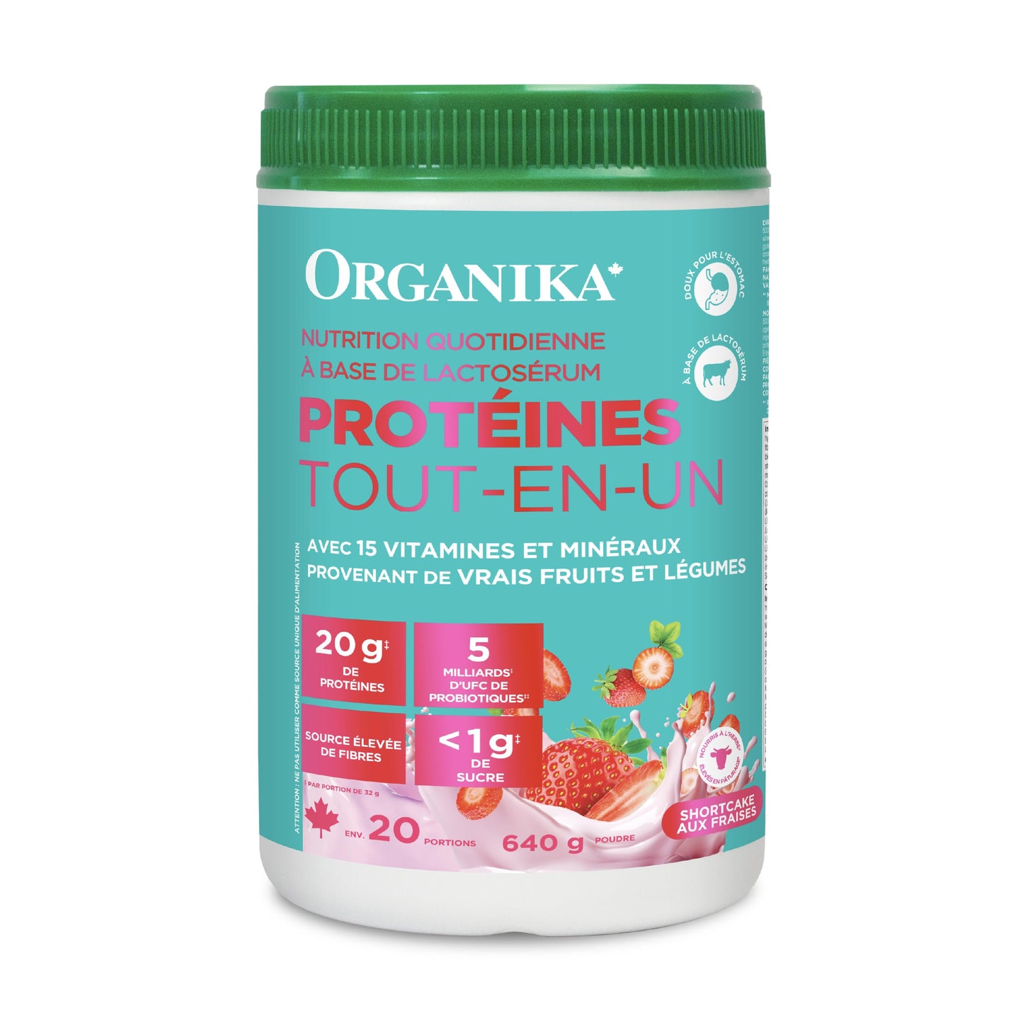 Organika All-in-One Strawberry Shortcake Protein Powder with 20g Protein,15 Vitamins & Minerals from Real Fruits & Veggies,5 Billion CFU Probiotics,4g Prebiotic Fiber, Digestive Enzymes,1g Sugar- 640g Organika