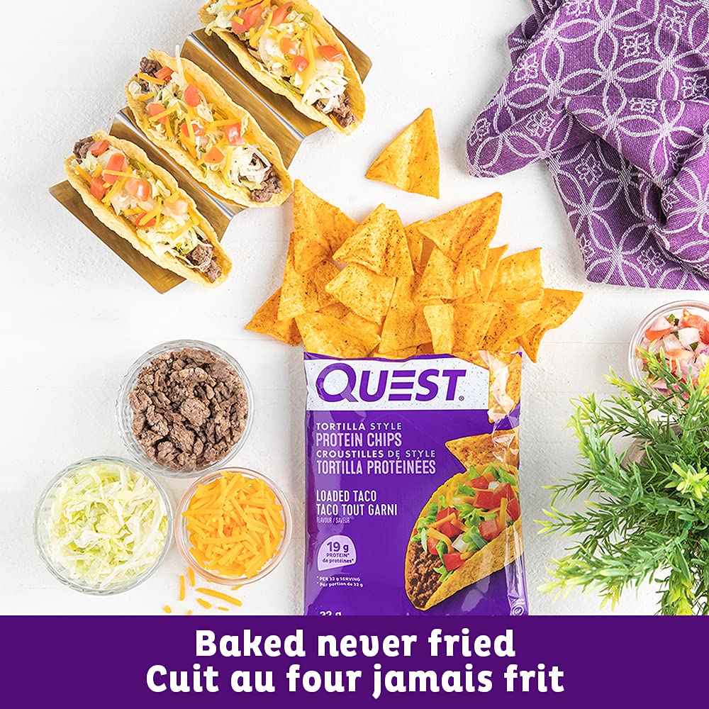 Quest Nutrition Tortilla Style Protein Chips, Loaded Taco, High Protein, Baked, Not Fried, Gluten Free, 1g Sugar, 5g Carbs, 8ct