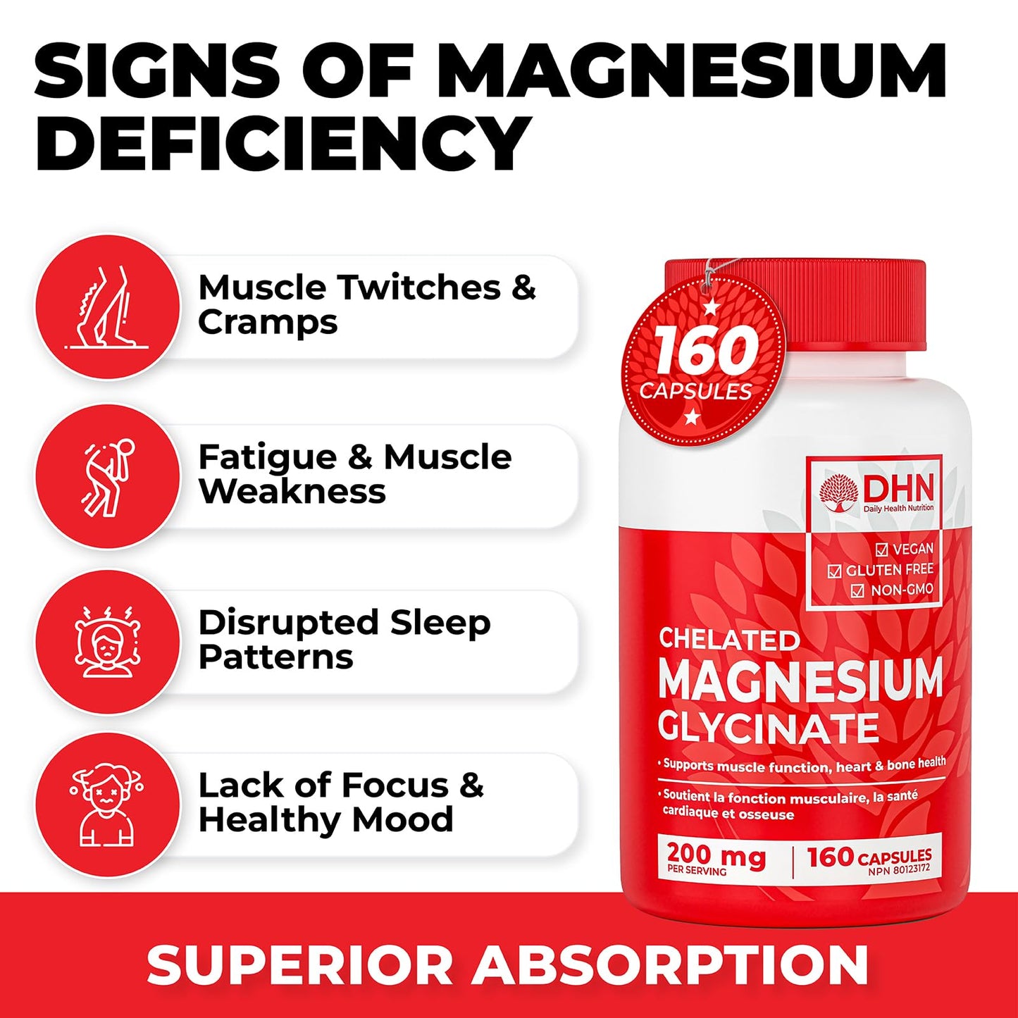 Magnesium Glycinate/Bisglycinate | Supports Sleep, Relaxation, Energy Metabolism & Muscle Function | Chelated | 200mg Elemental Magnesium | Stomach Friendly | Canadian Made, Quality Assured - Available at All In One Marketplace Canada