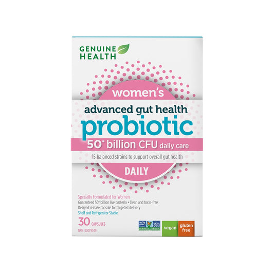 Genuine Health Advanced Gut Health Probiotic Women's Daily 50 Billion CFU - Healthy Digestion & Gut Flora Support - Women’s Probiotic - Vegan, Gluten-Free & Non-GMO - 30 Capsules (30 Servings) - Available at All In One Marketplace Canada