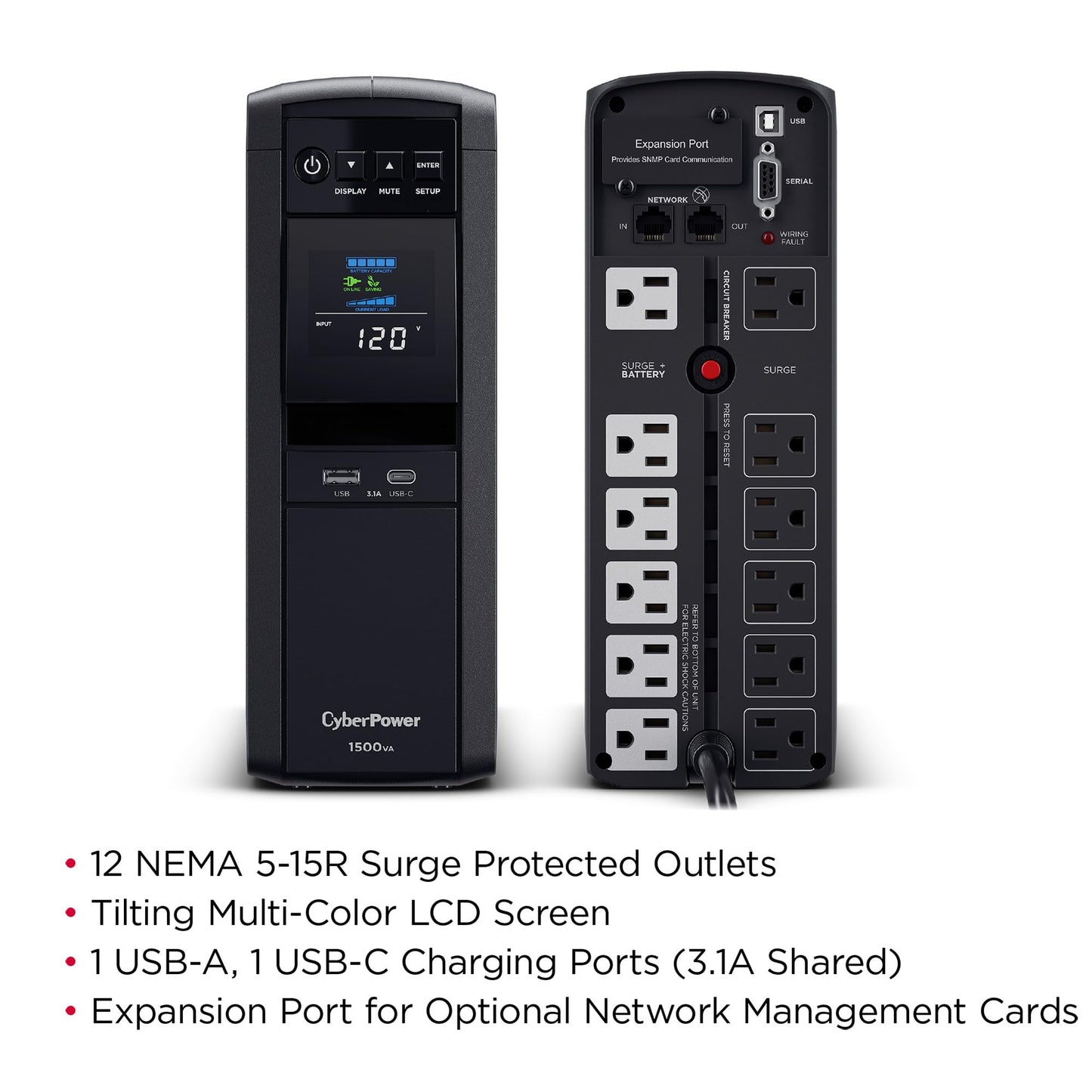 CyberPower CP1500PFCLCD PFC Sinewave UPS System, 1500VA/1000W, 12 Outlets, AVR, Mini Tower, Black - Available at All In One Marketplace Canada