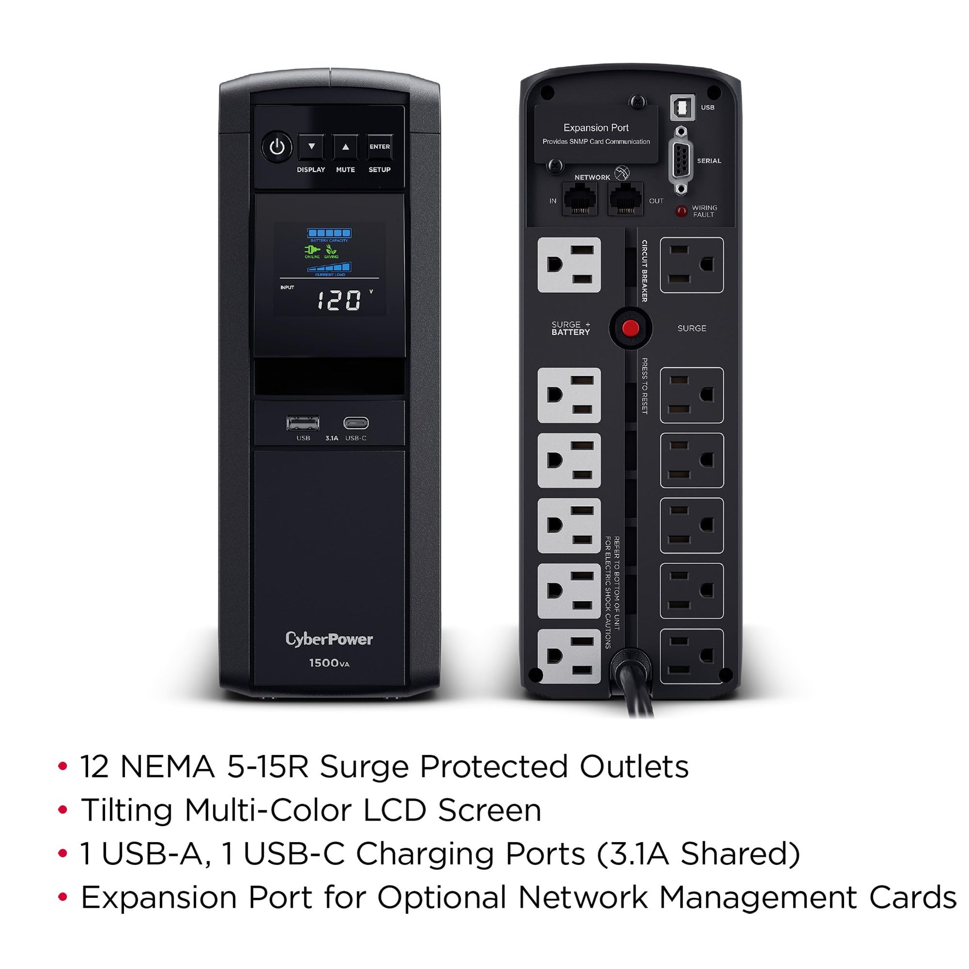 CyberPower CP1500PFCLCD PFC Sinewave UPS System, 1500VA/1000W, 12 Outlets, AVR, Mini Tower, Black - Available at All In One Marketplace Canada