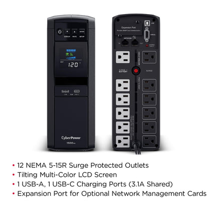 CyberPower CP1500PFCLCD PFC Sinewave UPS System, 1500VA/1000W, 12 Outlets, AVR, Mini Tower, Black - Available at All In One Marketplace Canada
