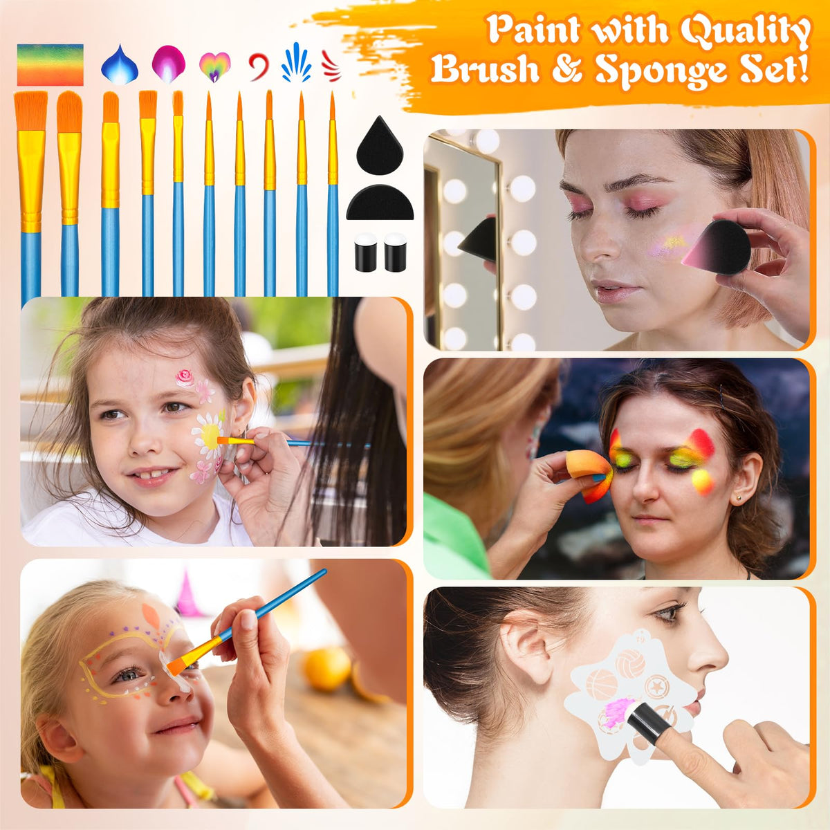 Face Painting Kit for Kid Adult, 12x10gm Split Cake FacePaint Palette WaterBased Paint With Stencil Brush Glitter Crayon, Professional Face Body Paint Set for Party Birthday Halloween Christmas Makeup 🍁 All In One Marketplace Canada