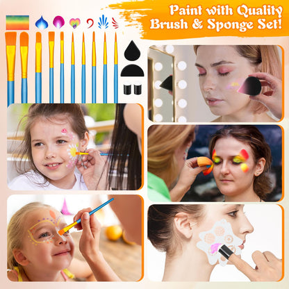 Face Painting Kit for Kid Adult, 12x10gm Split Cake FacePaint Palette WaterBased Paint With Stencil Brush Glitter Crayon, Professional Face Body Paint Set for Party Birthday Halloween Christmas Makeup 🍁 All In One Marketplace Canada