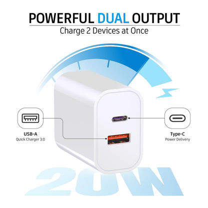 3-Pack USB C Block, 20W Dual Port PD+QC, USB C Charger Wall Adapter, Fast Type C Charging Plug Compatible with iPhone 17,16,15,14,13,12,11, Pro Max, X, XS, Galaxy Phone
