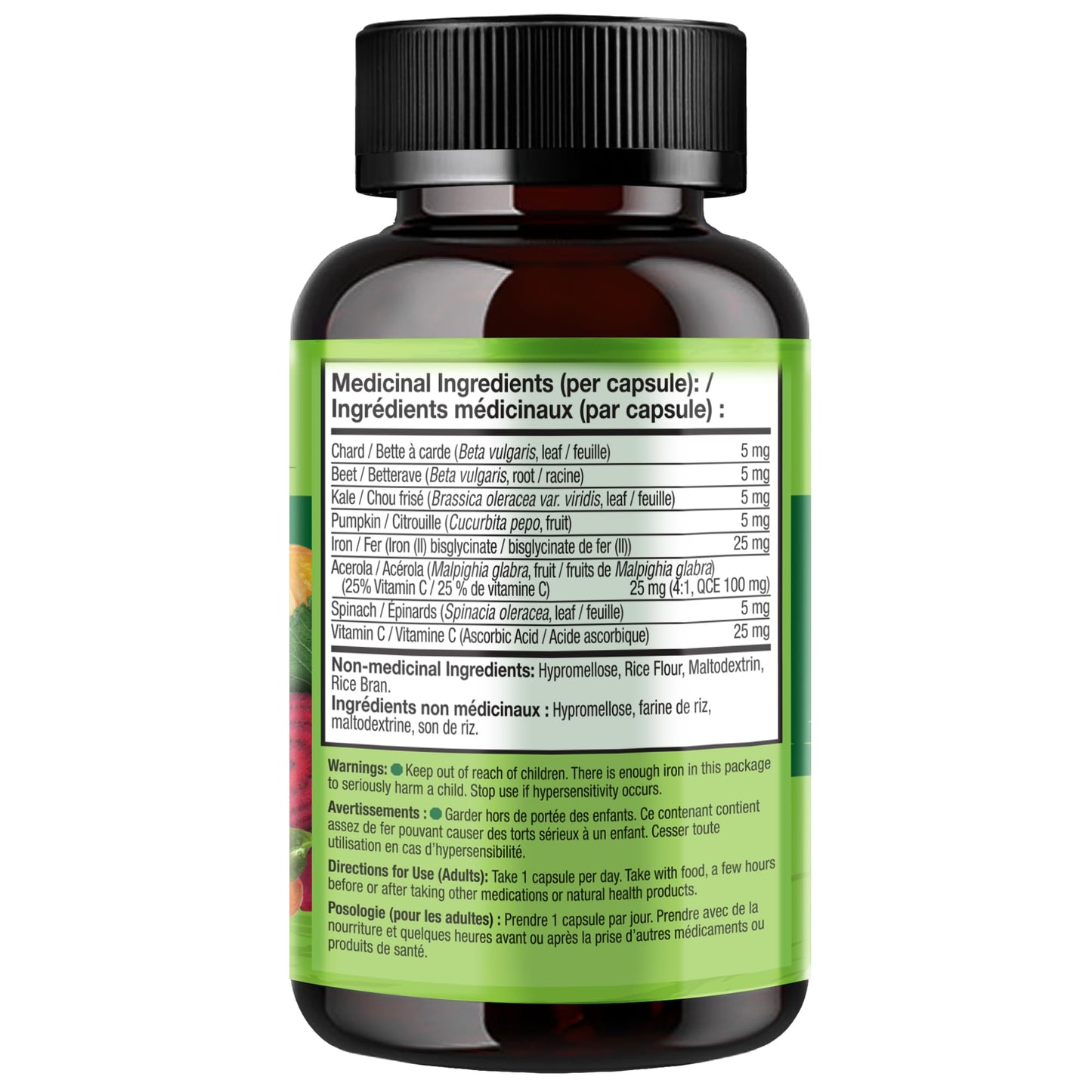 NATURELO Vegan Iron Supplement with Vitamin C and Organic Whole Foods, 90 Capsules, Gentle Iron Capsules for Women & Men with this Mineral Deficiency - Including Pregnancy, Anemia and Vegan Diets - Available at All In One Marketplace Canada