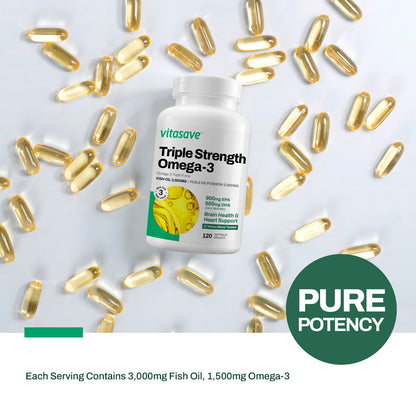 Vitasave Triple Strength Fish Oil Omega 3 Supplements – High-Potency 3000mg with 900mg EPA + 600mg DHA - Burpless Fish Oil Capsules for Heart, Brain & Joint Health - Non-GMO and Gluten-Free (120 Softgels - 40 Days Servings) - Available at All In One Marketplace Canada