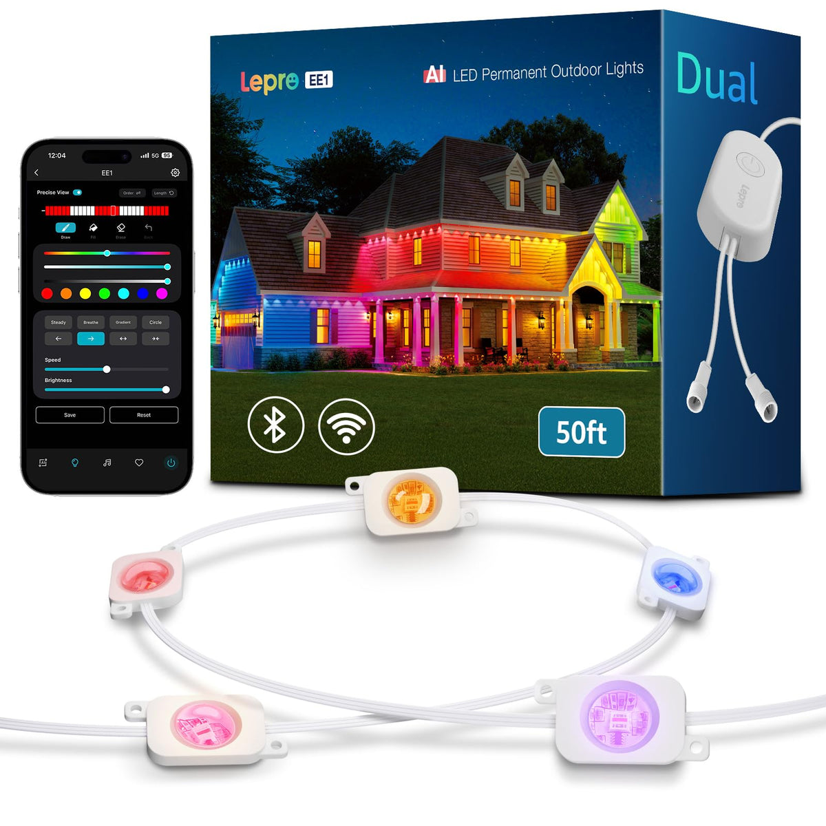 Lepro EE1 AI Permanent Outdoor Lights APP Control, 300ft 180 RGB+IC LED & Dual Output, Works with Alexa & Google, Waterproof Eave Light for Christmas, Halloween, House Decor, 2.4GHz WiFi/Bluetooth 🍁 All In One Marketplace Canada