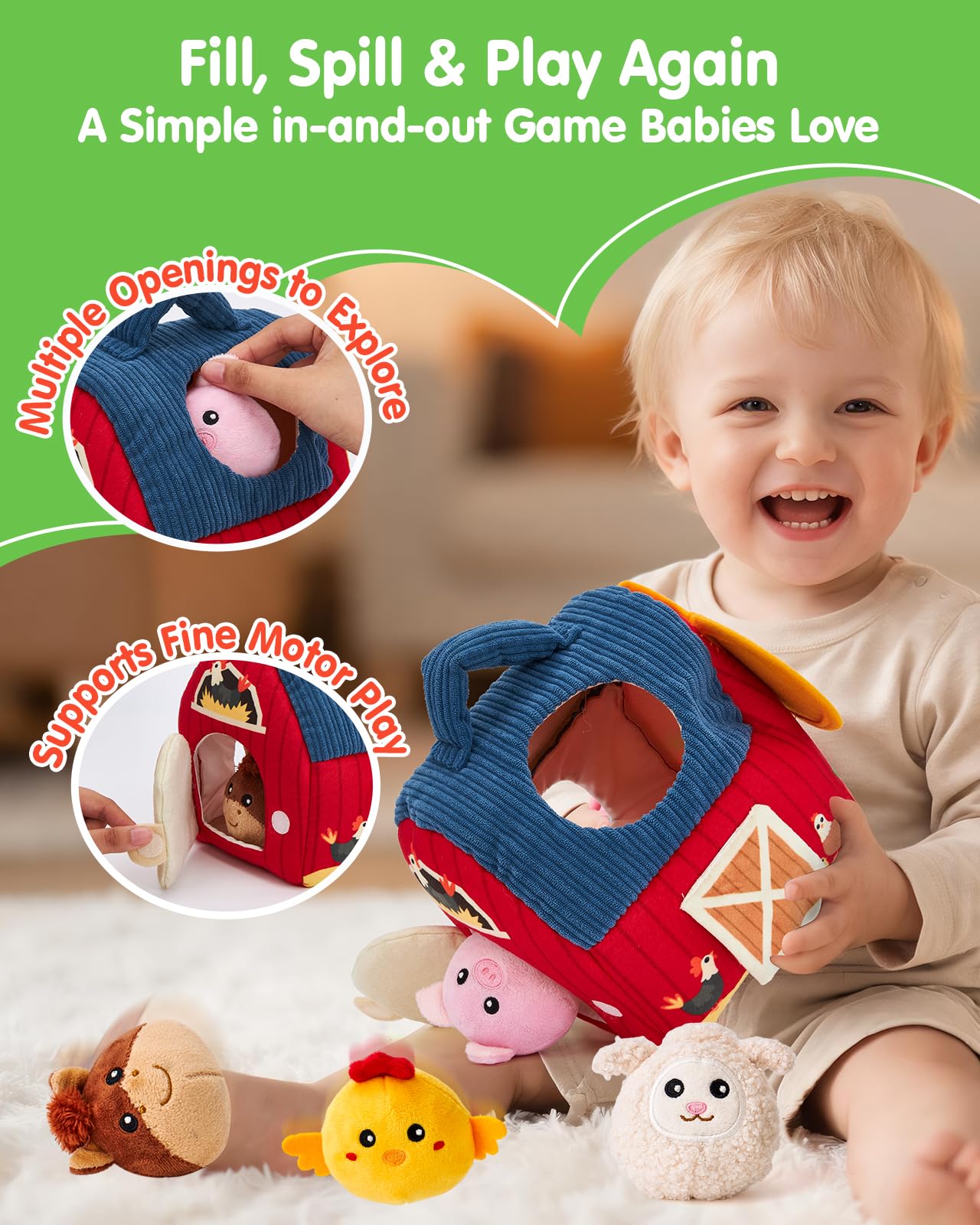 hahaland Montessori Baby Toys 6-12 Months - Surprise Barn with Stuffed Farm Animals Toys for Babies with Rattle & Mirror, Sensory Toys for Babies Boy Girl, Travel Toys for Toddlers 1-3 - Available at All In One Marketplace Canada