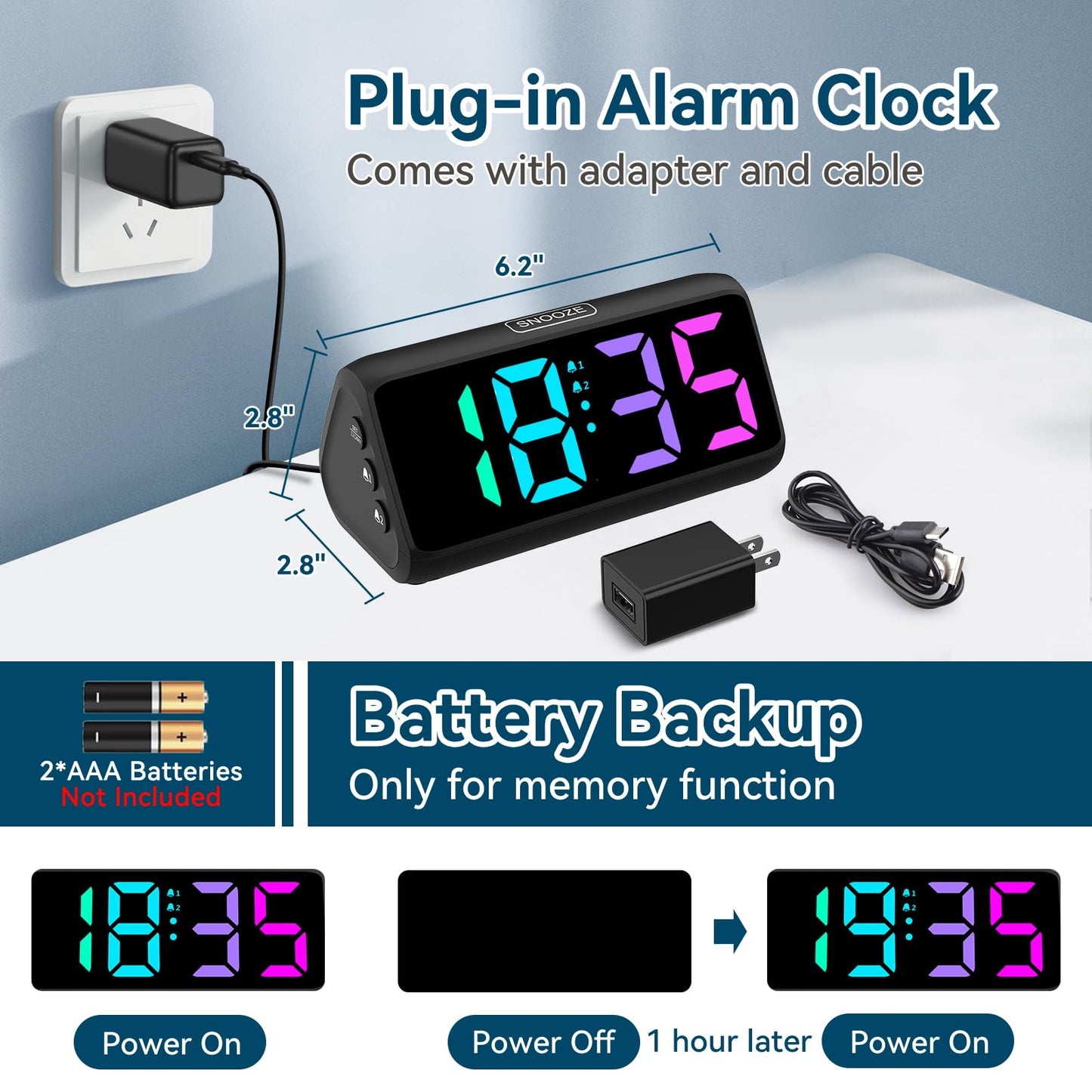Netzu Digital Alarm Clock, RGB Loud Alarm Clocks for Bedrooms Heavy Sleepers Seniors Kids, Plug in Digital Clock with 5 Dimmers, 2 Alarms, 4 Volumes and Snooze (Black)