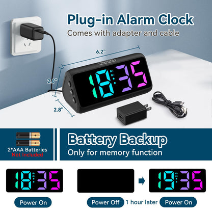 Netzu Digital Alarm Clock, RGB Loud Alarm Clocks for Bedrooms Heavy Sleepers Seniors Kids, Plug in Digital Clock with 5 Dimmers, 2 Alarms, 4 Volumes and Snooze (Black)