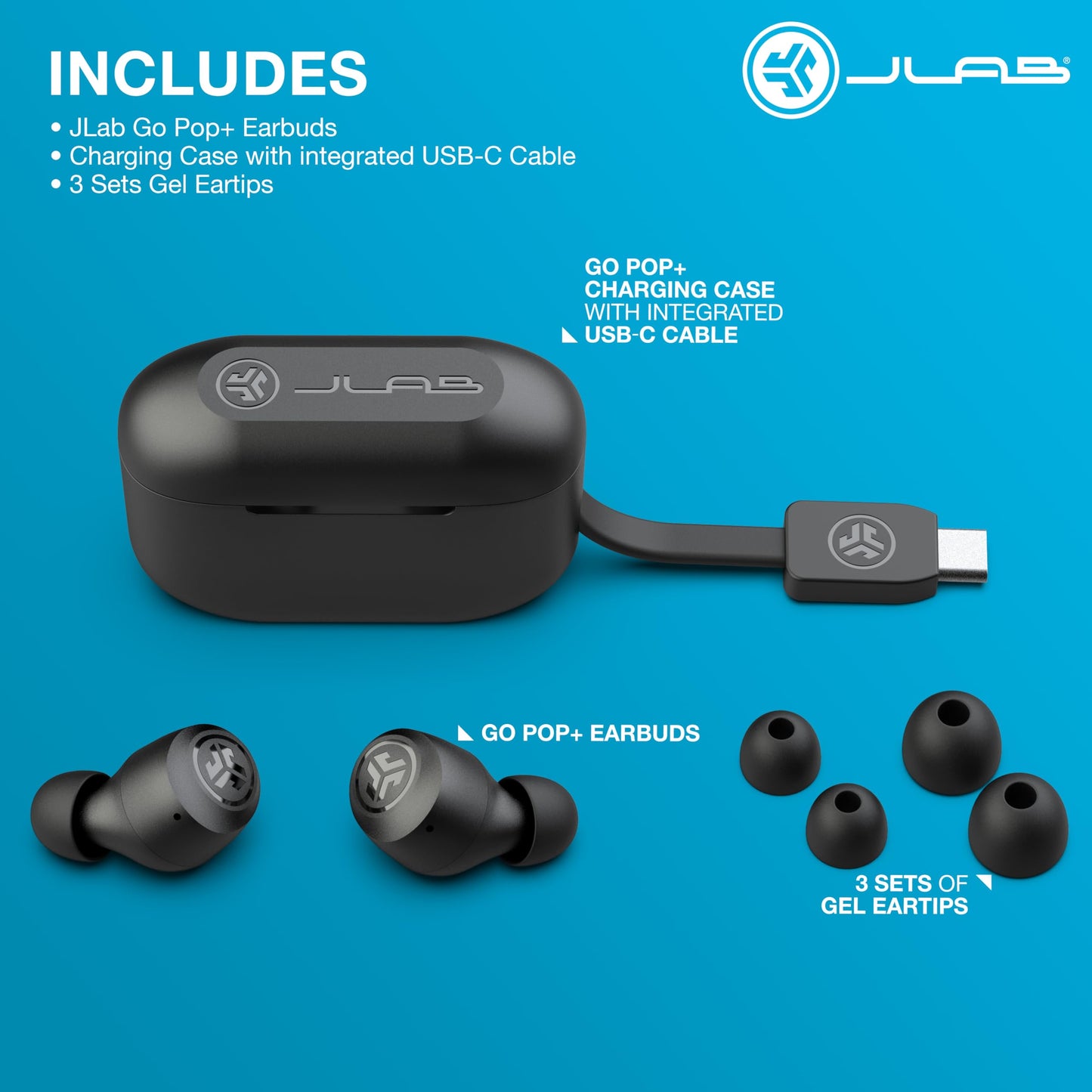 JLab Go Air Pop+, True Wireless Earbuds, Bluetooth Earbuds with Microphone, Dual Connect, EQ3 Sound, Black - Available at All In One Marketplace Canada