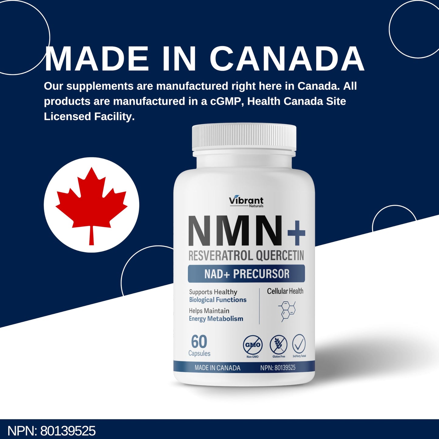 NMN w/Quercetin & Resveratrol For Enhanced NAD+ Levels - More Effective Than NMN Alone, High Purity 99% Nicotinamide Mononucleotide & Resveratrol For Cellular Health, NAD Supplement, 60 Capsules - Available at All In One Marketplace Canada
