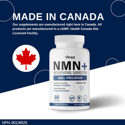 NMN w/Quercetin & Resveratrol For Enhanced NAD+ Levels - More Effective Than NMN Alone, High Purity 99% Nicotinamide Mononucleotide & Resveratrol For Cellular Health, NAD Supplement, 60 Capsules - Available at All In One Marketplace Canada